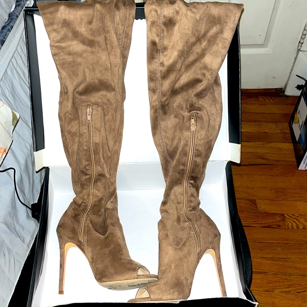 Preowned thigh high peep toe boots